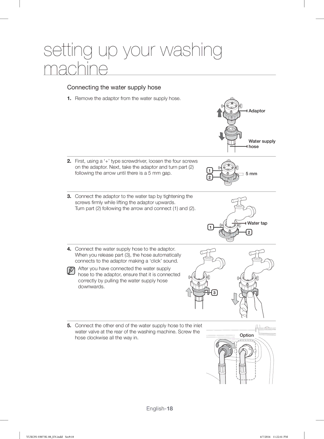 Samsung WD1142XVM/YL manual Remove the adaptor from the water supply hose, Following the arrow until there is a 5 mm gap 