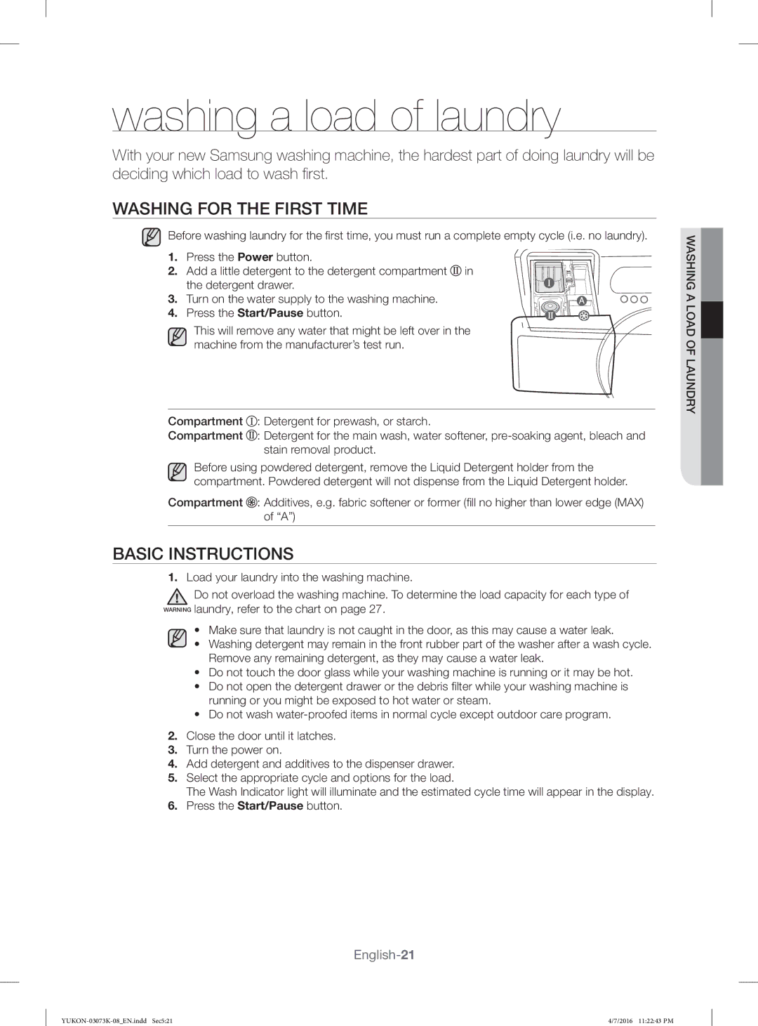 Samsung WD1142XVM/YL manual Washing for the First Time, Basic Instructions 