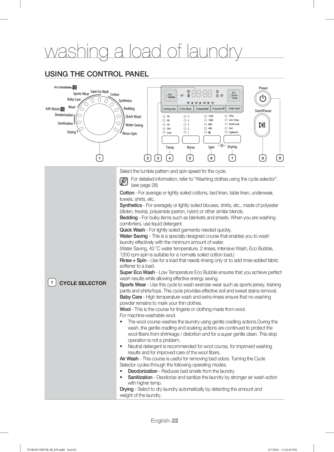 Samsung WD1142XVM/YL manual Using the Control Panel, English-22 