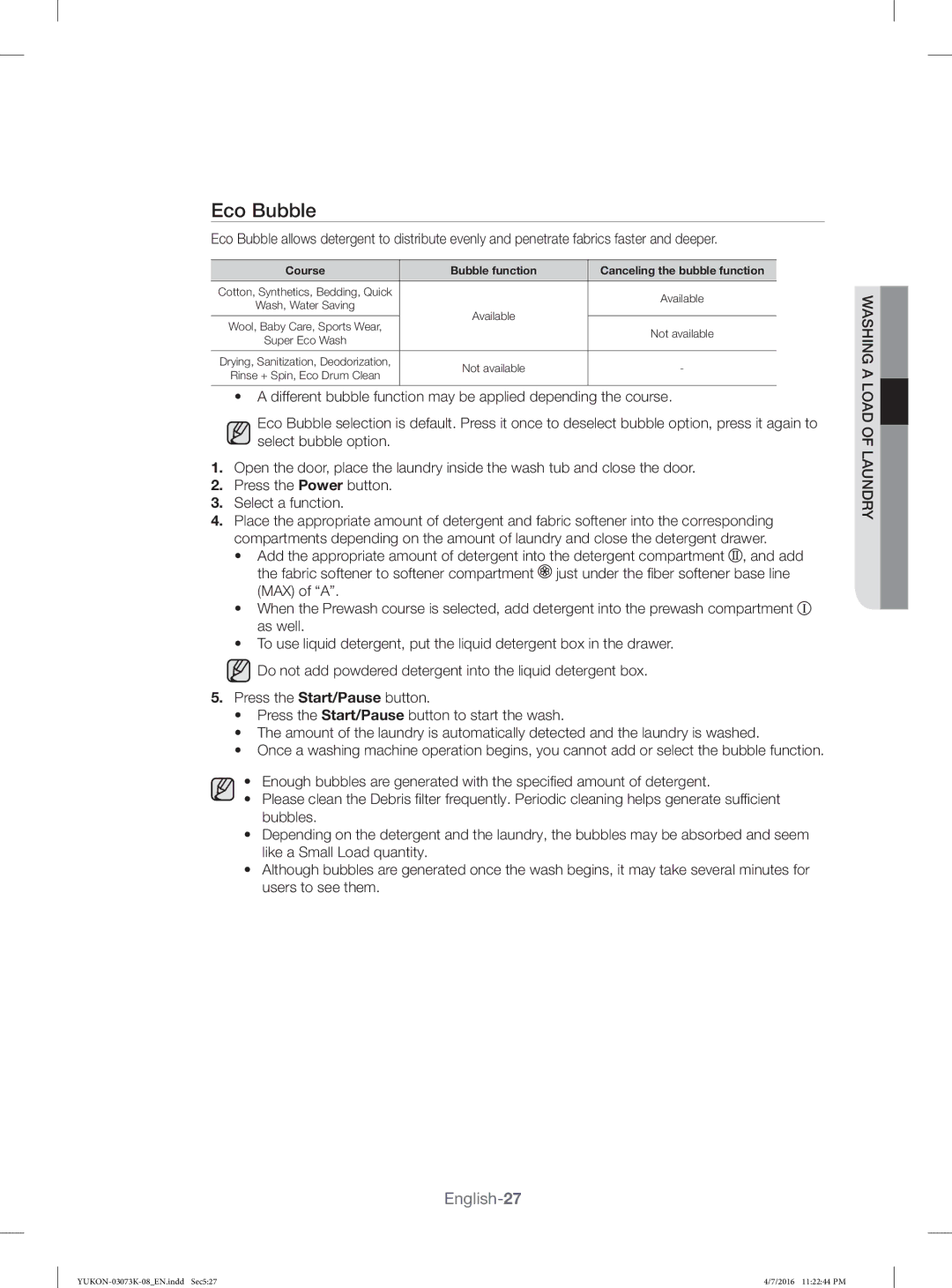 Samsung WD1142XVM/YL manual Eco Bubble, Course Bubble function Canceling the bubble function 