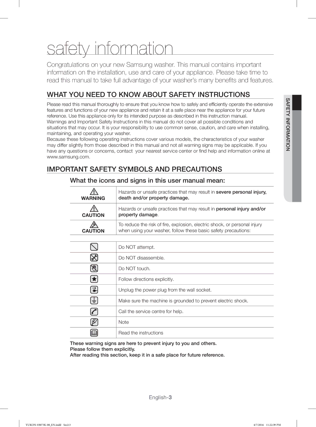 Samsung WD1142XVM/YL manual Death and/or property damage, Property damage, Do not attempt, Do not disassemble, Do not touch 