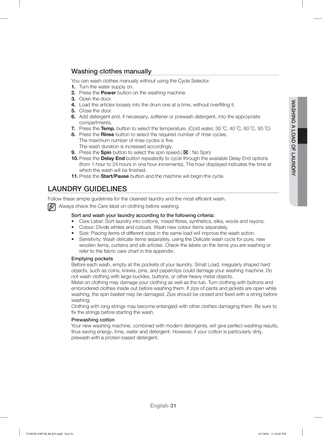 Samsung WD1142XVM/YL Laundry Guidelines, Washing clothes manually 