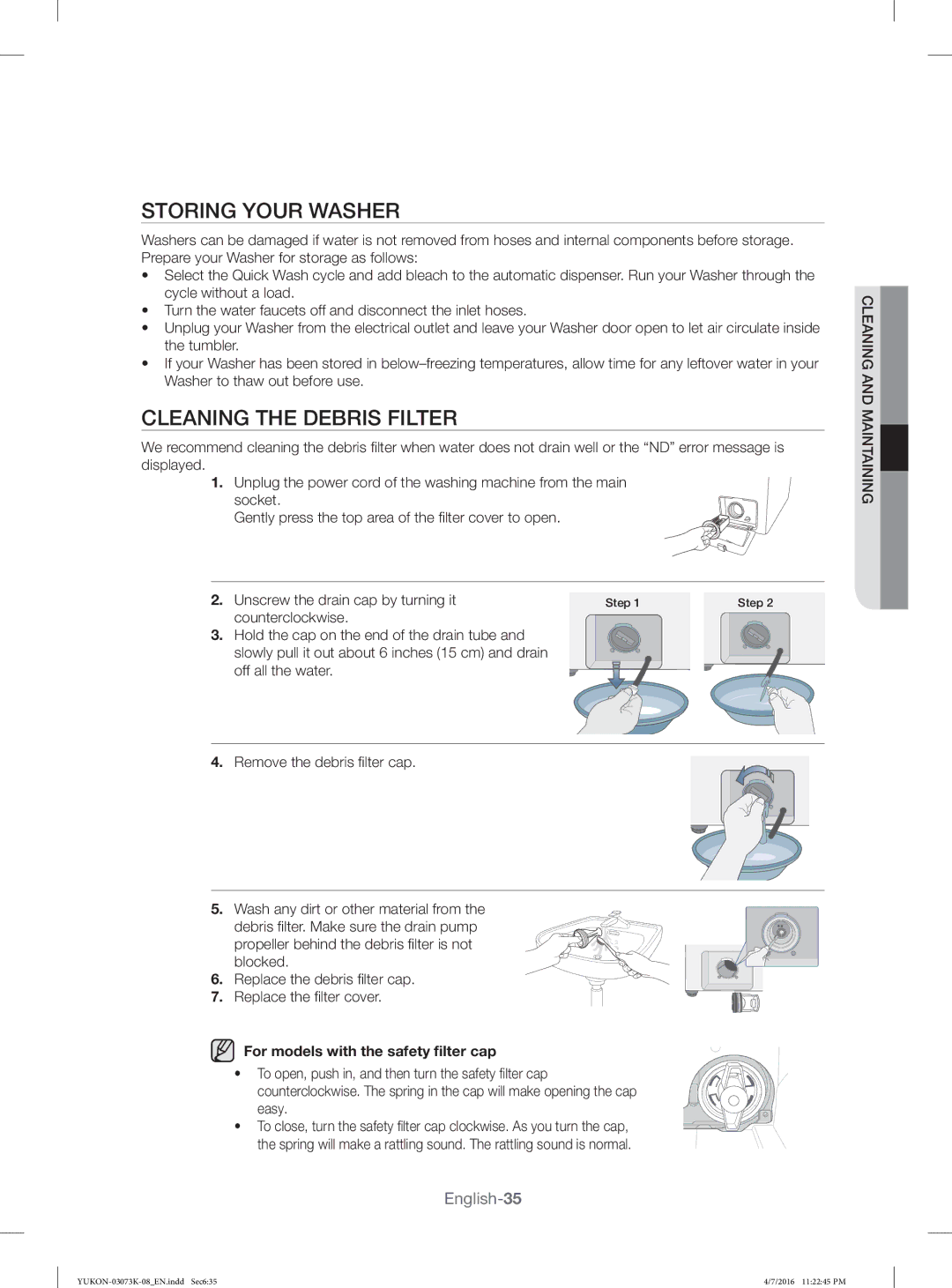 Samsung WD1142XVM/YL manual Storing Your Washer, Cleaning the Debris Filter, For models with the safety ﬁlter cap 