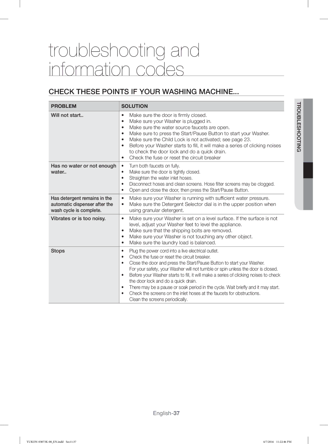 Samsung WD1142XVM/YL manual Check These Points if Your Washing Machine 