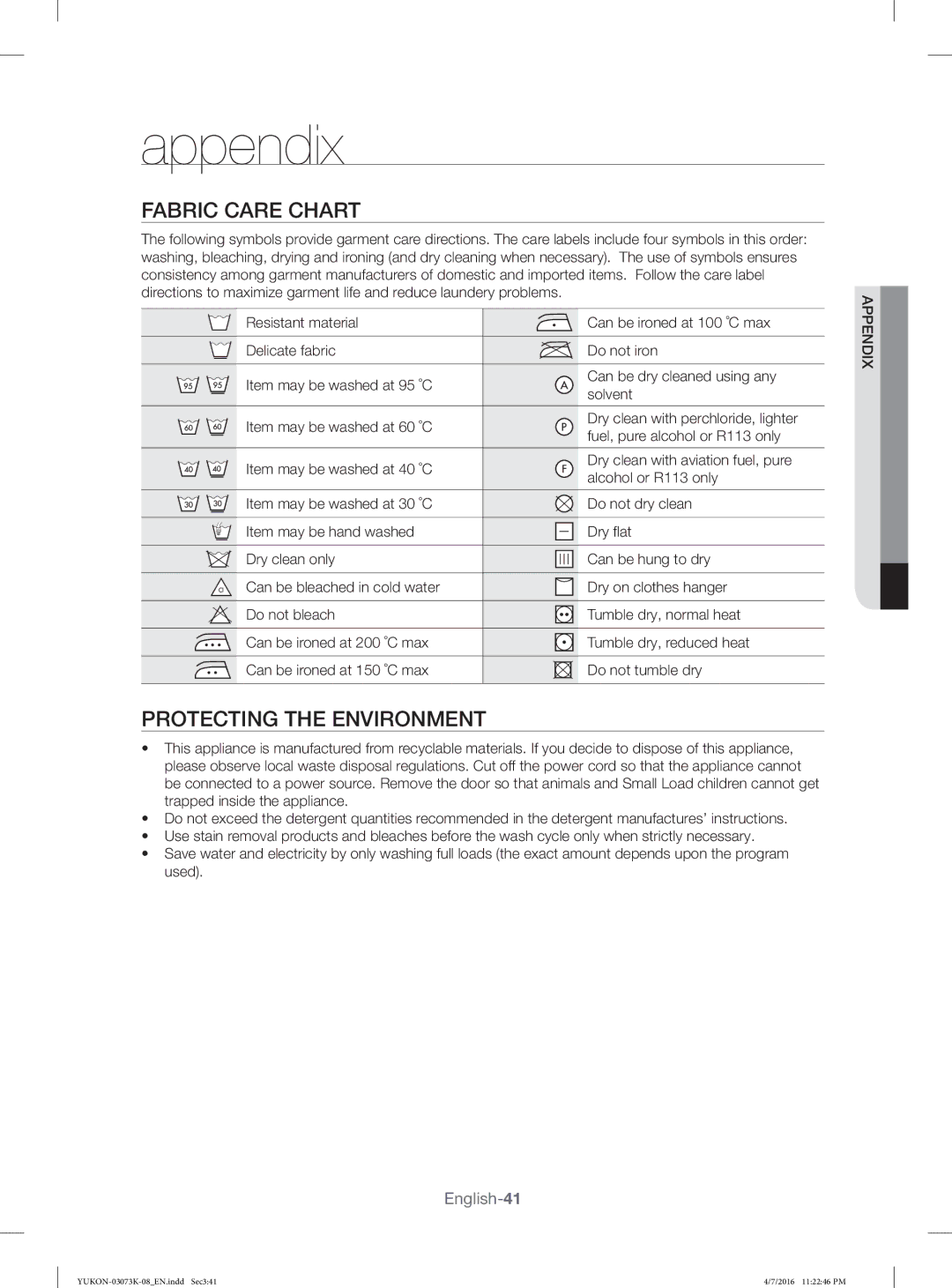 Samsung WD1142XVM/YL manual Fabric Care Chart, Protecting the Environment 