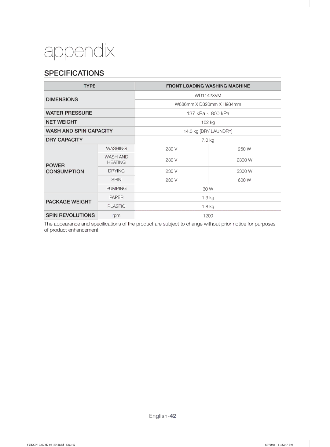 Samsung WD1142XVM/YL manual Specifications, Spin Revolutions 