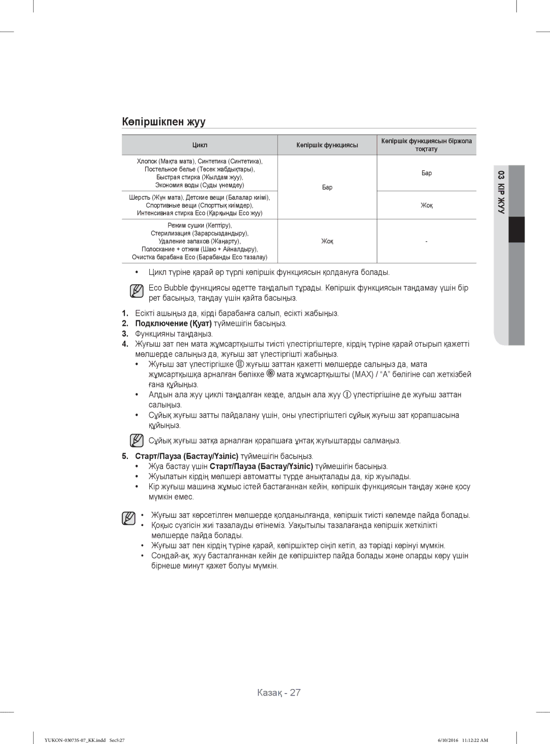 Samsung WD1142XVR/YLP manual Көпіршікпен жуу, Тоқтату 