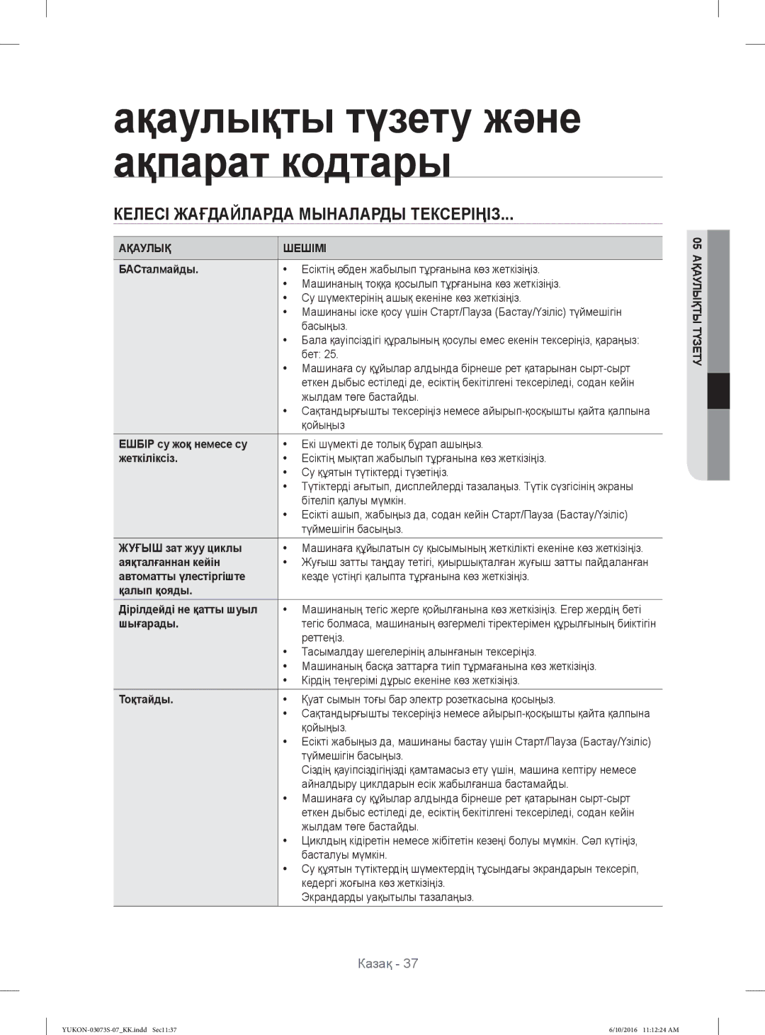 Samsung WD1142XVR/YLP manual Келесі Жағдайларда Мыналарды Тексеріңіз, Ақаулық Шешімі 