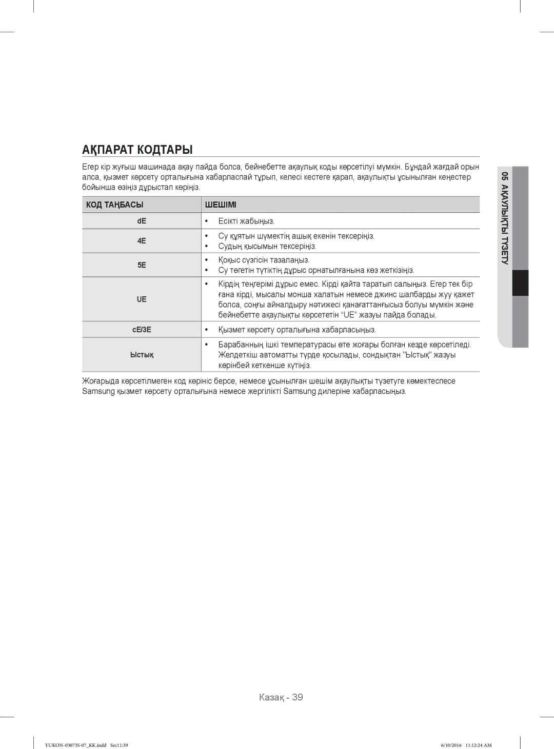 Samsung WD1142XVR/YLP manual Ақпарат Кодтары, КОД Таңбасы Шешімі 