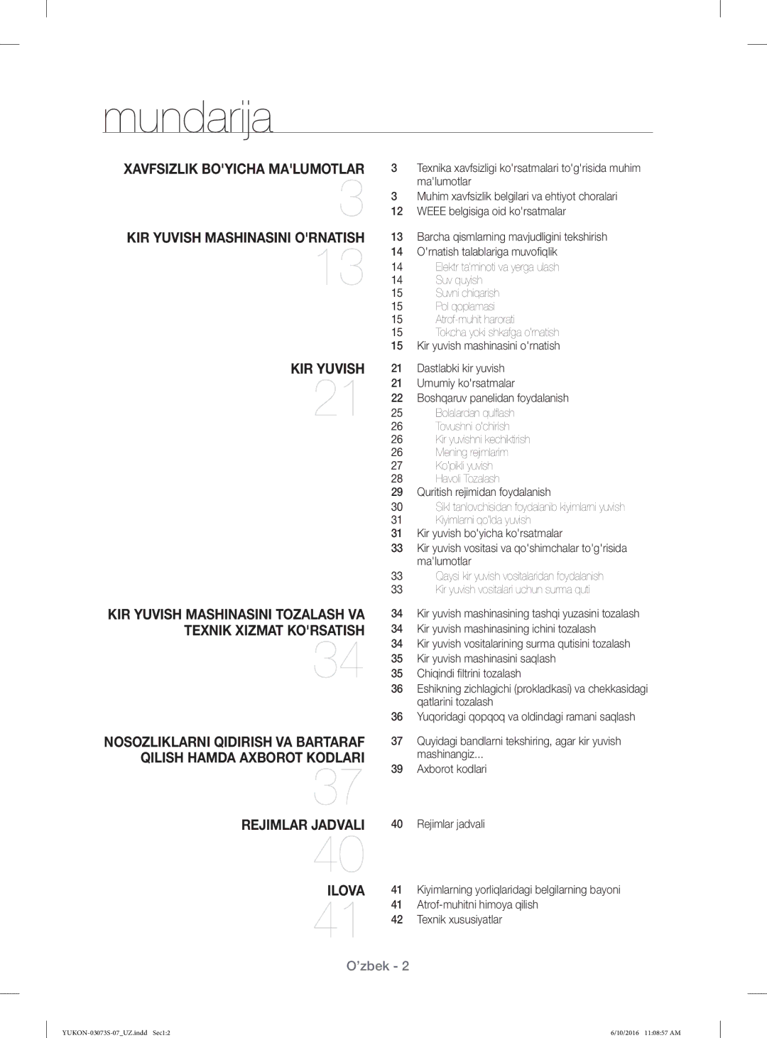 Samsung WD1142XVR/YLP manual Mundarija, Rejimlar Jadvali Ilova 