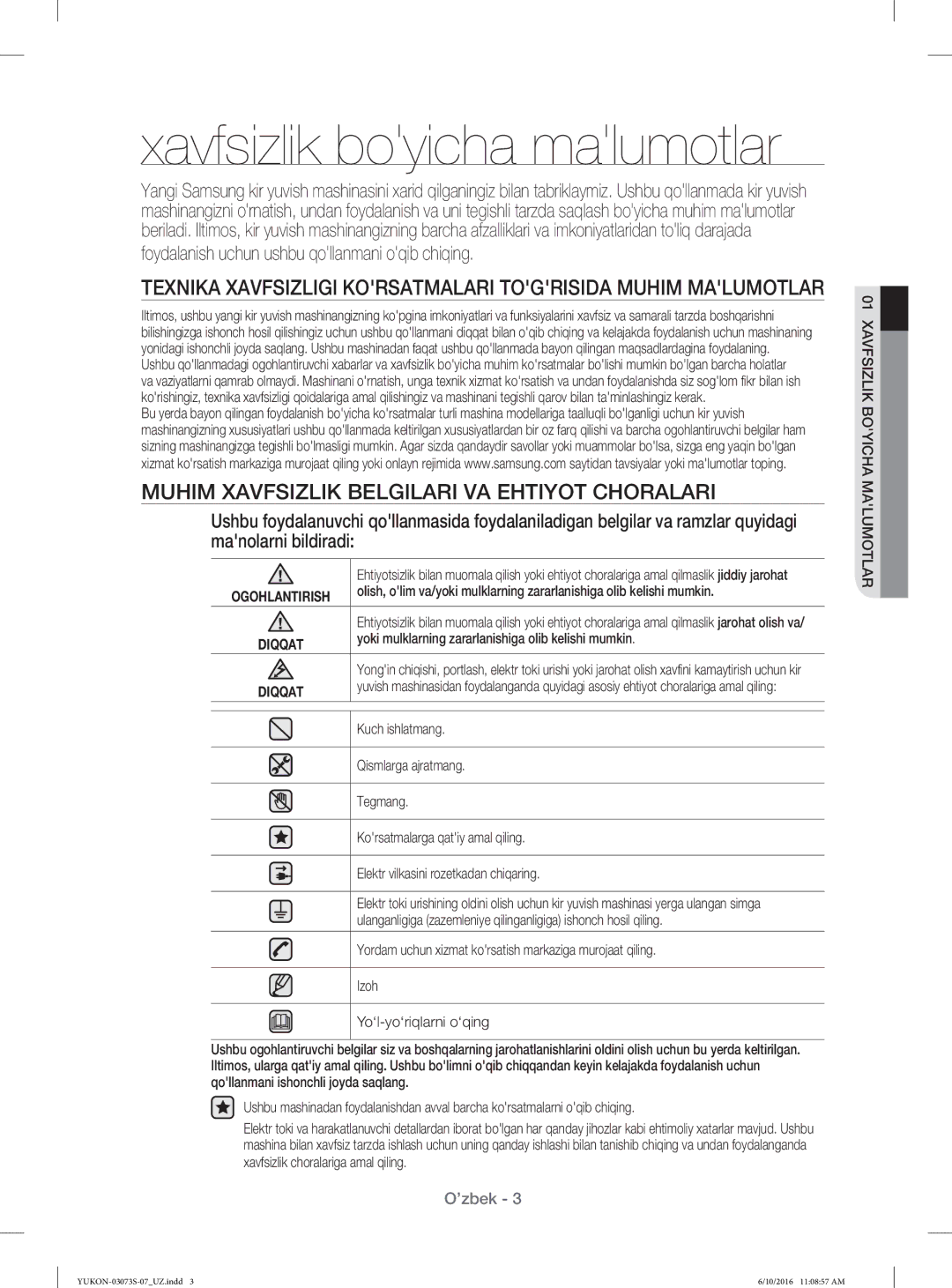 Samsung WD1142XVR/YLP manual Xavfsizlik boyicha malumotlar, Muhim Xavfsizlik Belgilari VA Ehtiyot Choralari 