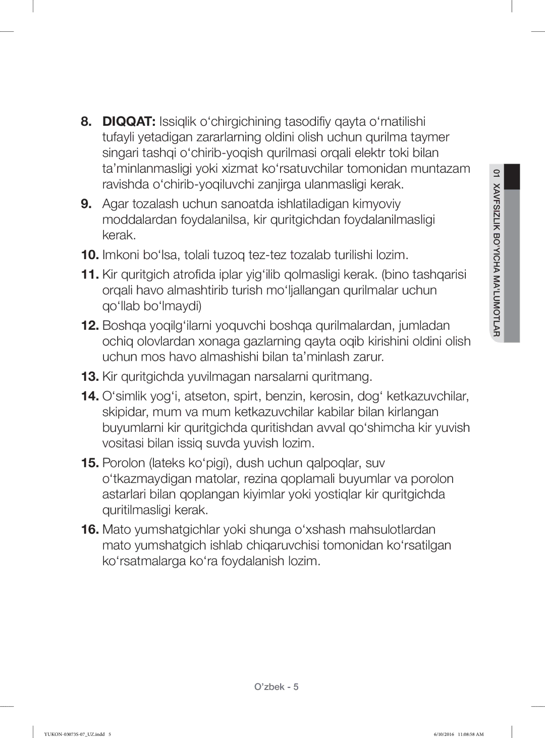 Samsung WD1142XVR/YLP manual ’zbek 