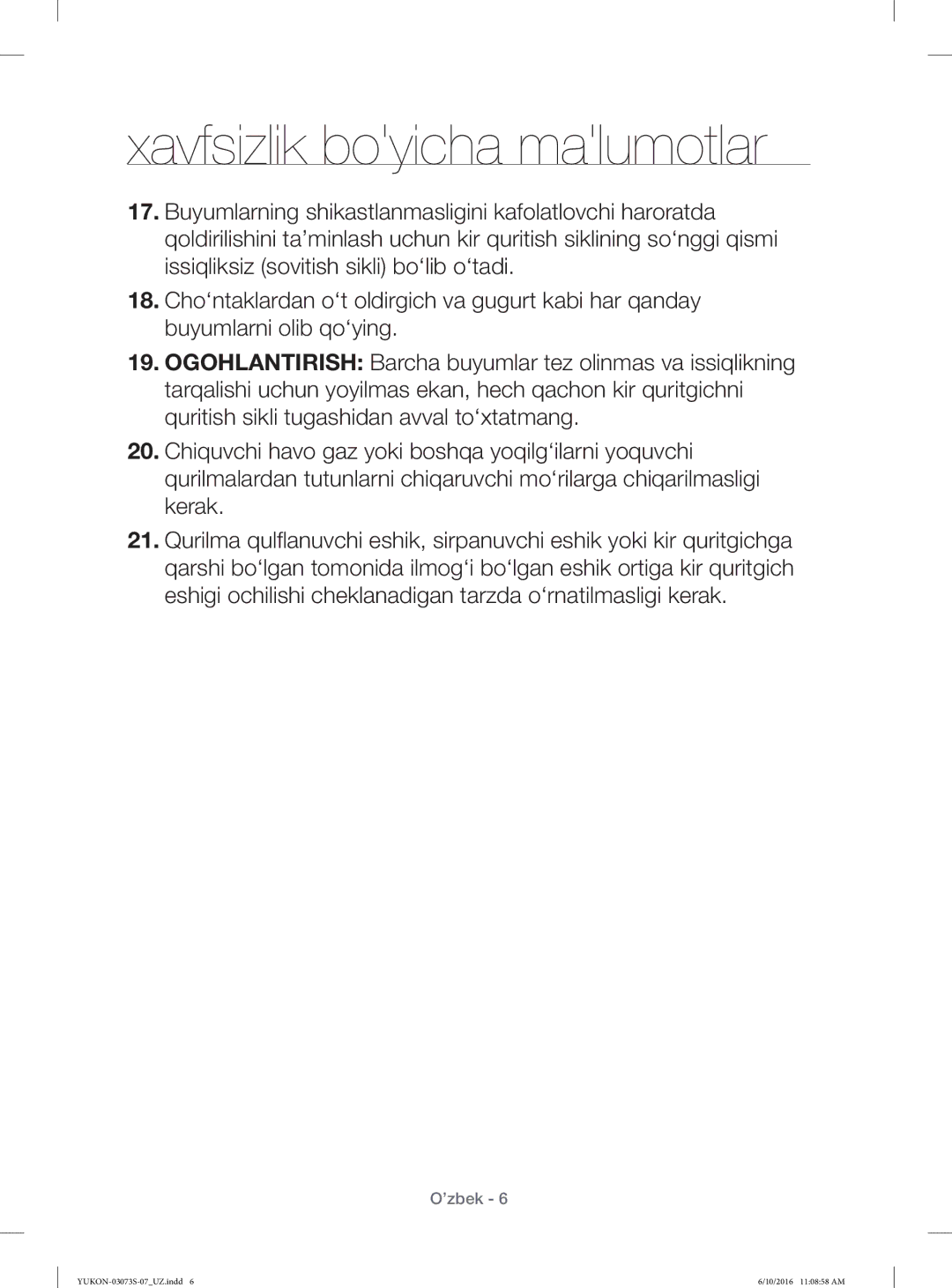 Samsung WD1142XVR/YLP manual Xavfsizlik boyicha malumotlar 