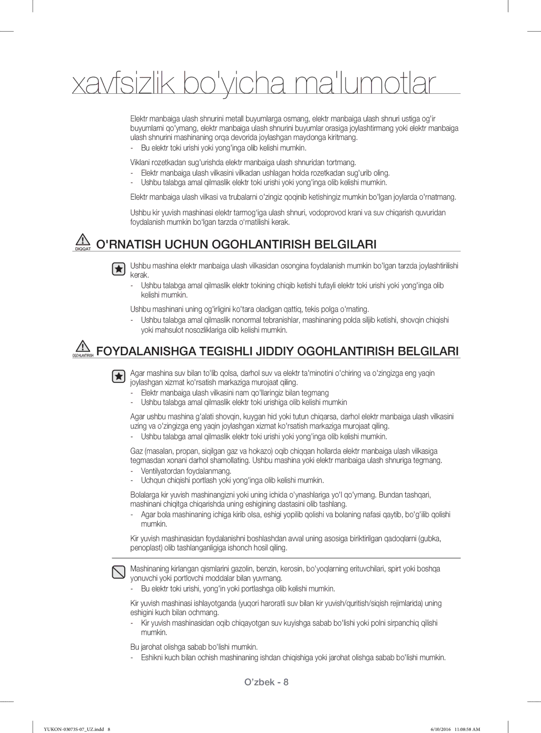 Samsung WD1142XVR/YLP manual Diqqat Ornatish Uchun Ogohlantirish Belgilari 