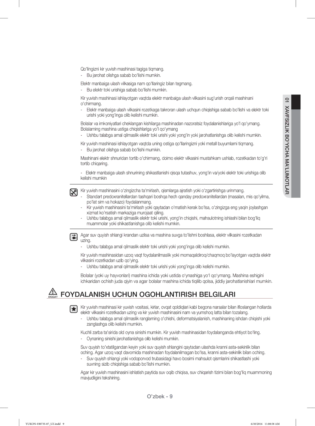 Samsung WD1142XVR/YLP manual Diqqat Foydalanish Uchun Ogohlantirish Belgilari 