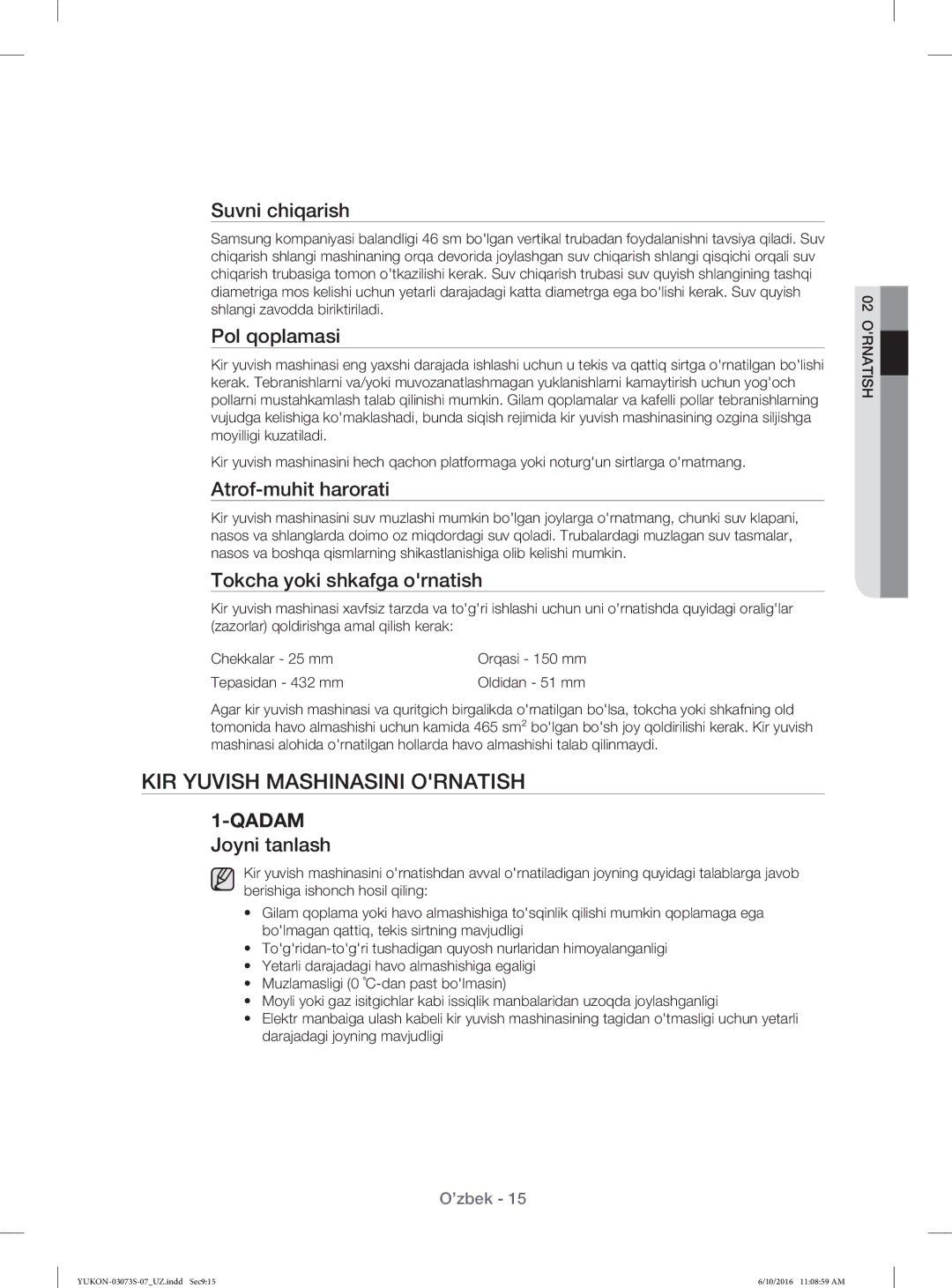 Samsung WD1142XVR/YLP manual KIR Yuvish Mashinasini Ornatish 