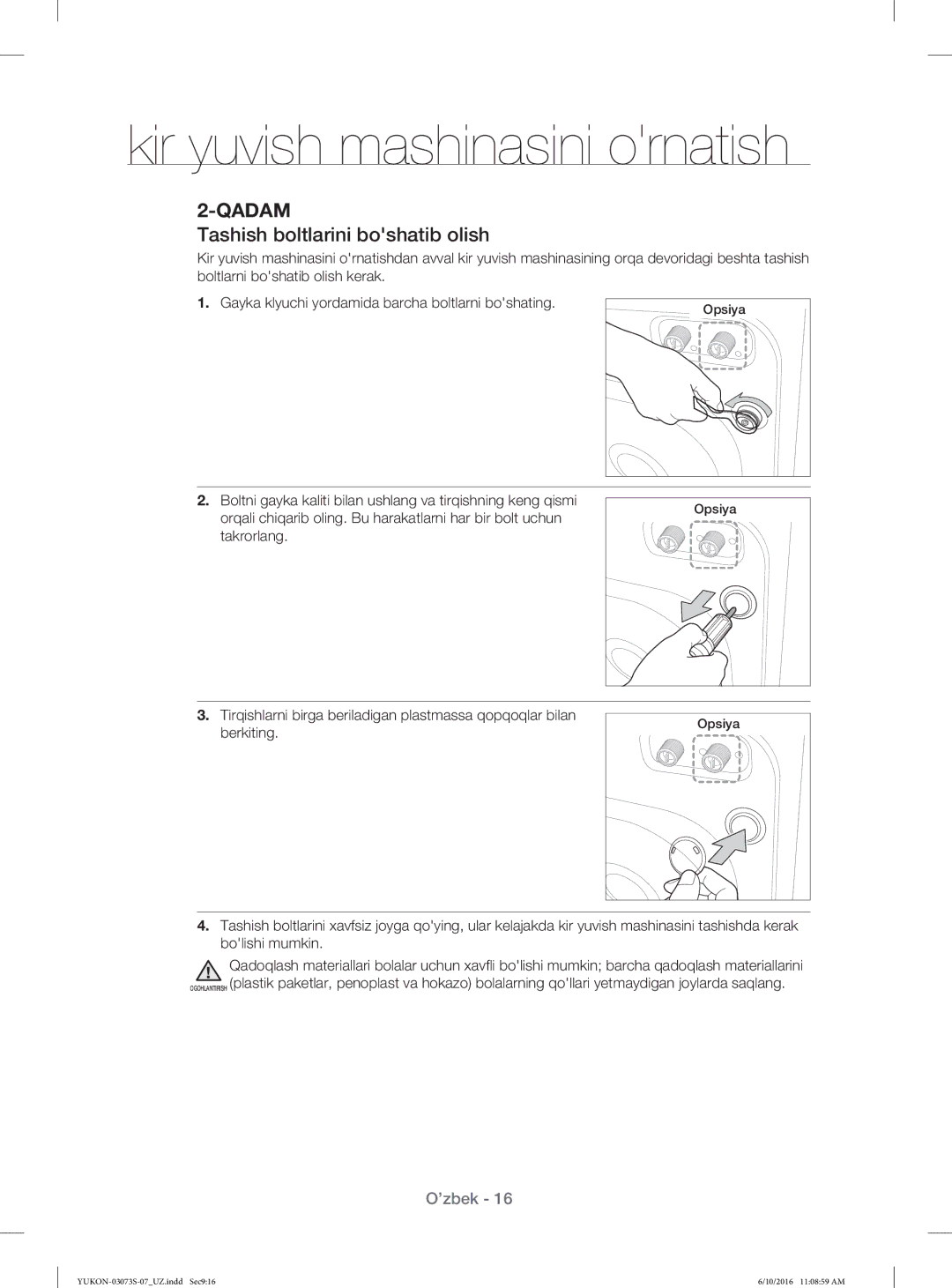 Samsung WD1142XVR/YLP manual Tashish boltlarini boshatib olish 