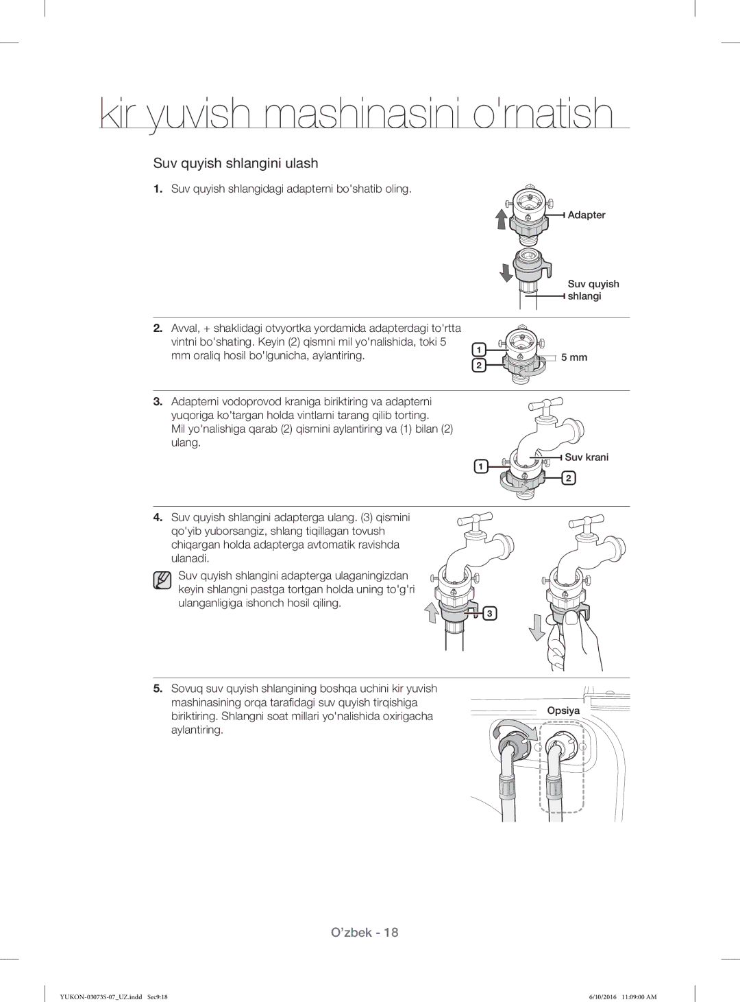 Samsung WD1142XVR/YLP manual Suv quyish shlangidagi adapterni boshatib oling, Mm oraliq hosil bolgunicha, aylantiring 