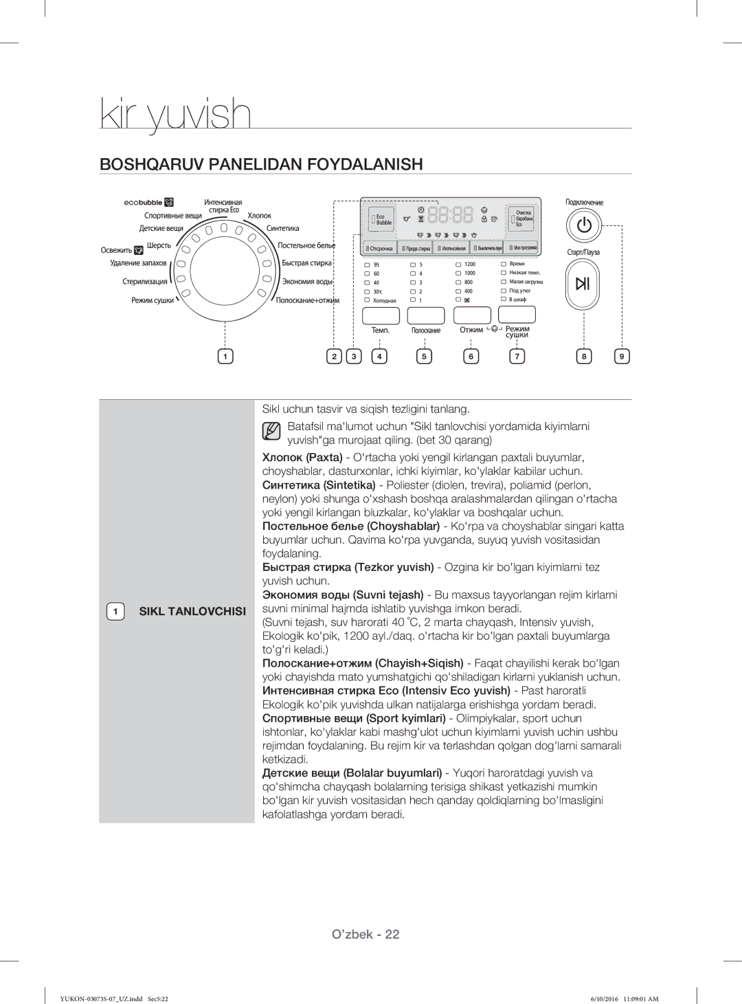 Samsung WD1142XVR/YLP manual Boshqaruv Panelidan Foydalanish 