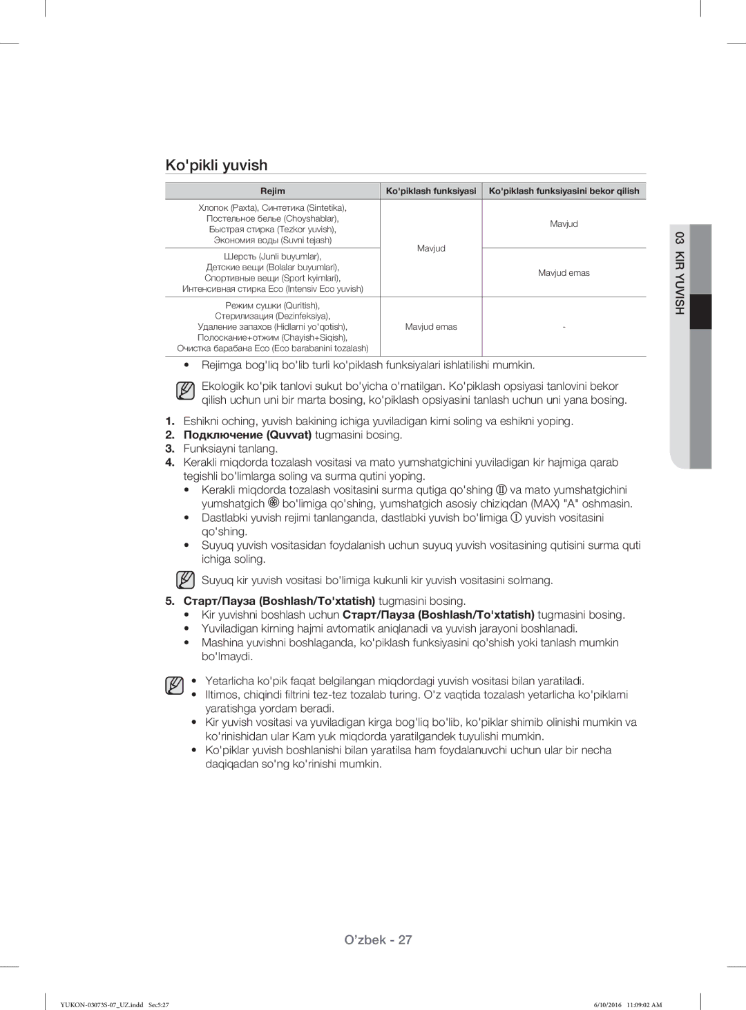 Samsung WD1142XVR/YLP manual Kopikli yuvish, Mavjud emas 