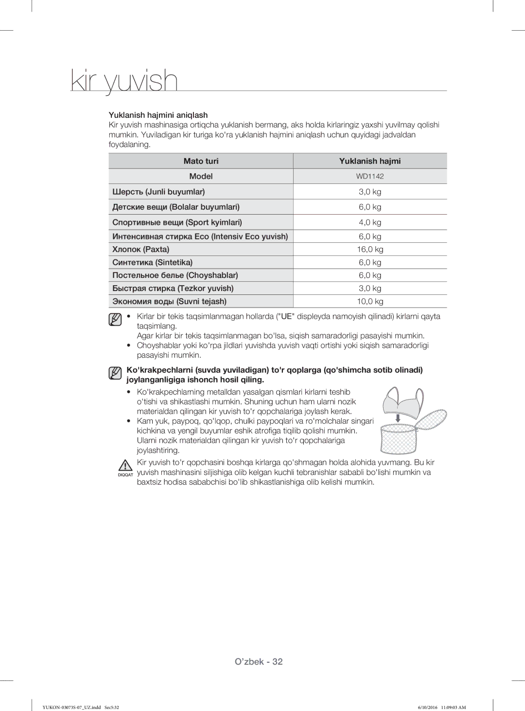 Samsung WD1142XVR/YLP manual Mato turi Yuklanish hajmi, Model 