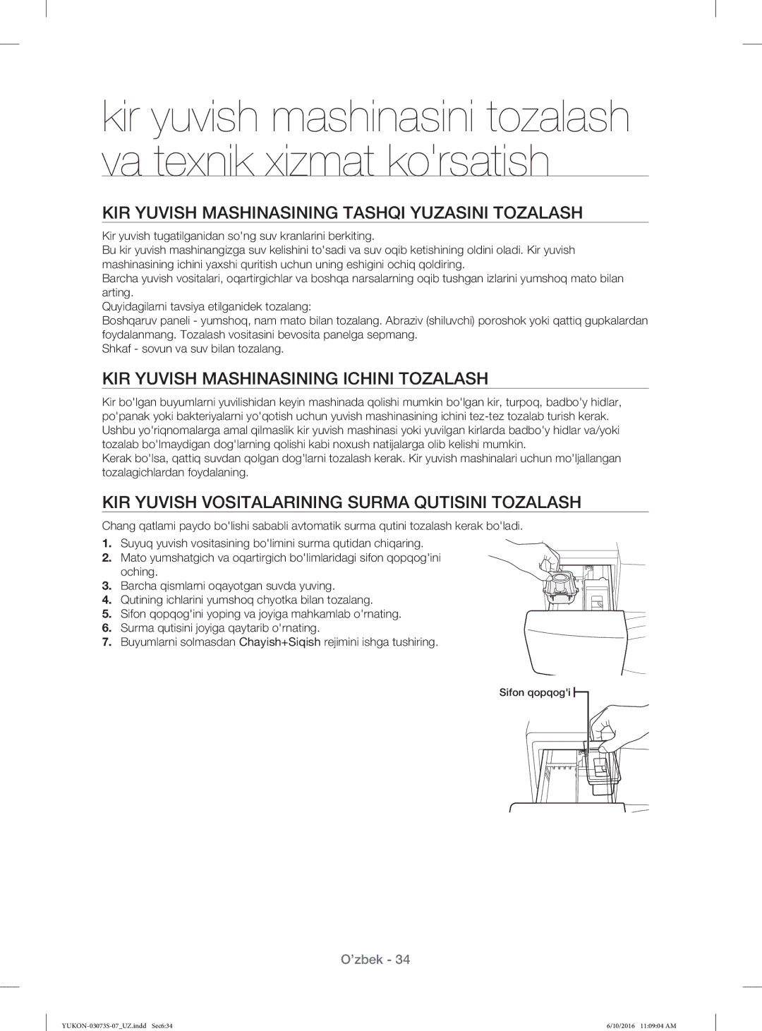 Samsung WD1142XVR/YLP manual KIR Yuvish Mashinasining Tashqi Yuzasini Tozalash, KIR Yuvish Mashinasining Ichini Tozalash 