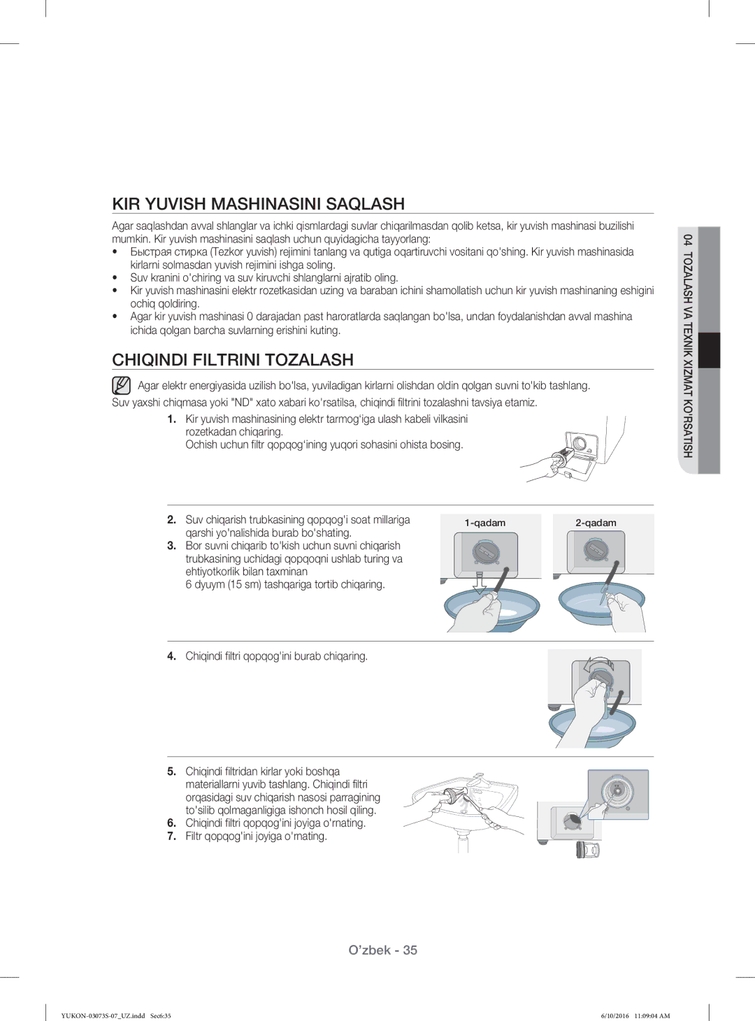 Samsung WD1142XVR/YLP manual KIR Yuvish Mashinasini Saqlash, Chiqindi Filtrini Tozalash 