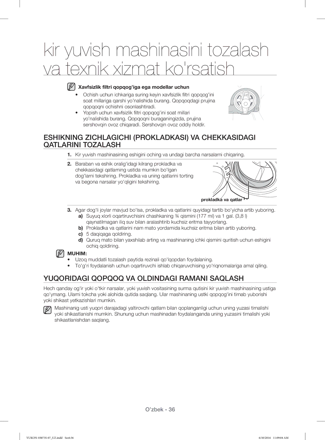 Samsung WD1142XVR/YLP Yuqoridagi Qopqoq VA Oldindagi Ramani Saqlash, Xavfsizlik ﬁltri qopqog’iga ega modellar uchun, Muhim 