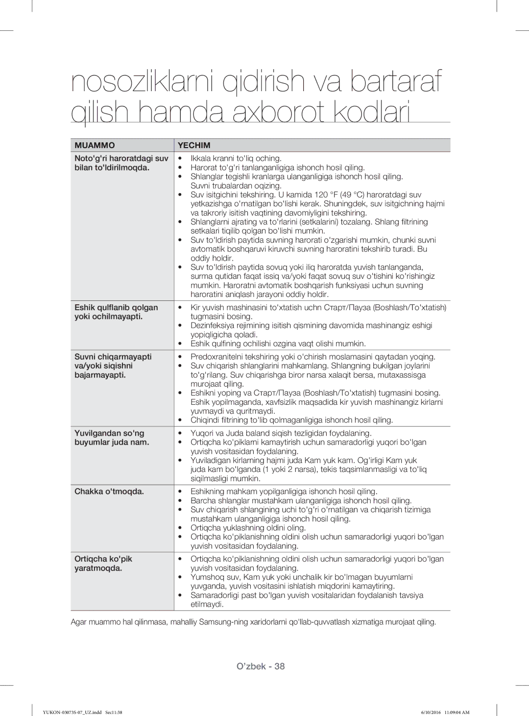 Samsung WD1142XVR/YLP manual Va takroriy isitish vaqtining davomiyligini tekshiring, Oddiy holdir, Eshik qulflanib qolgan 