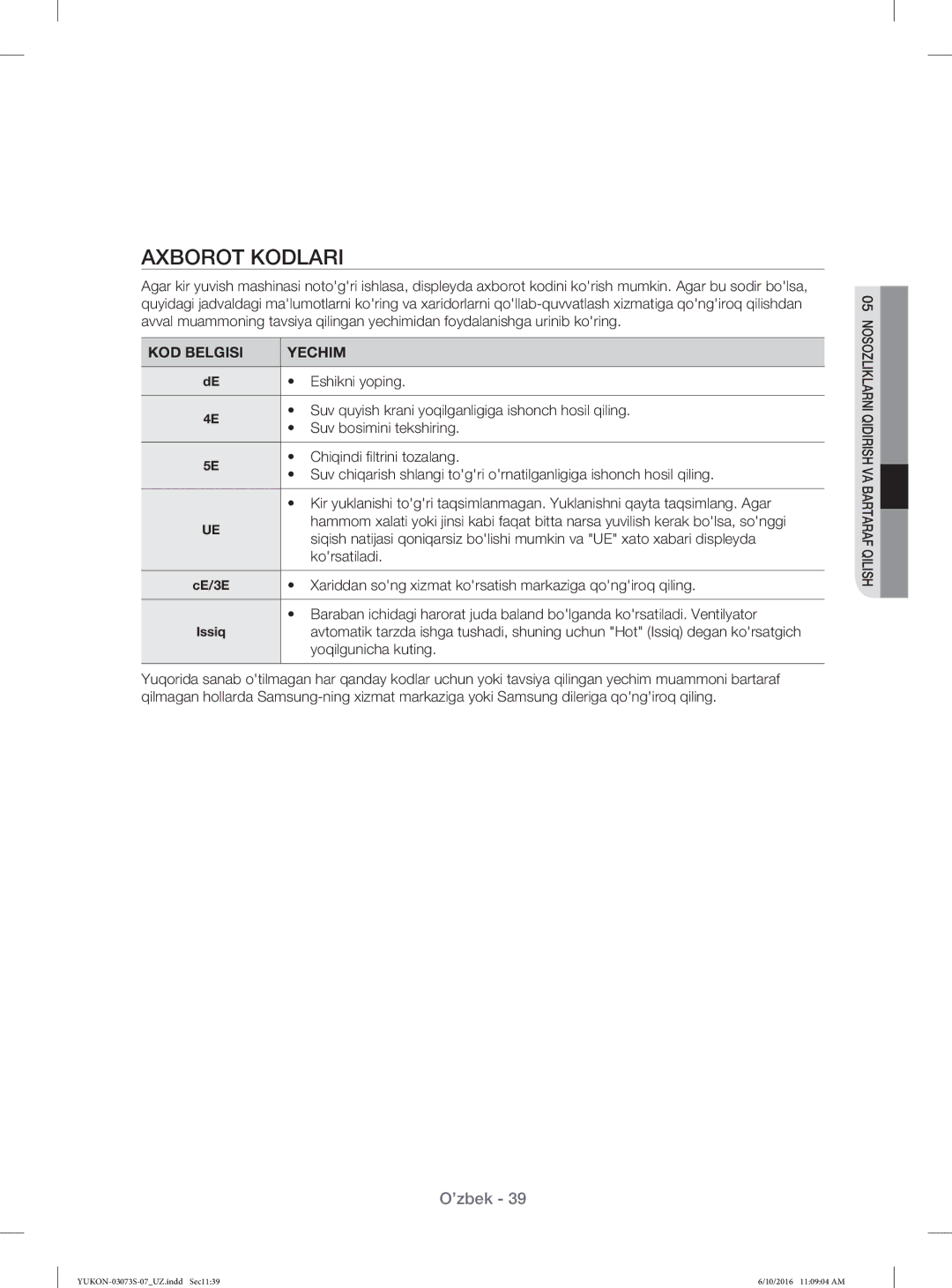 Samsung WD1142XVR/YLP manual Axborot Kodlari, KOD Belgisi Yechim 