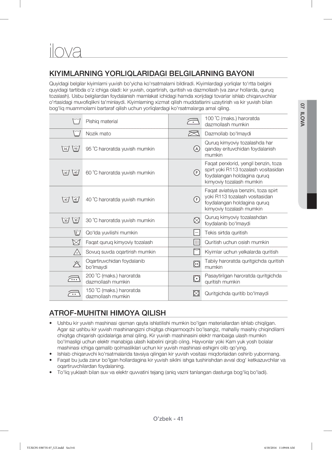 Samsung WD1142XVR/YLP manual Ilova, Kiyimlarning Yorliqlaridagi Belgilarning Bayoni, ATROF-MUHITNI Himoya Qilish 