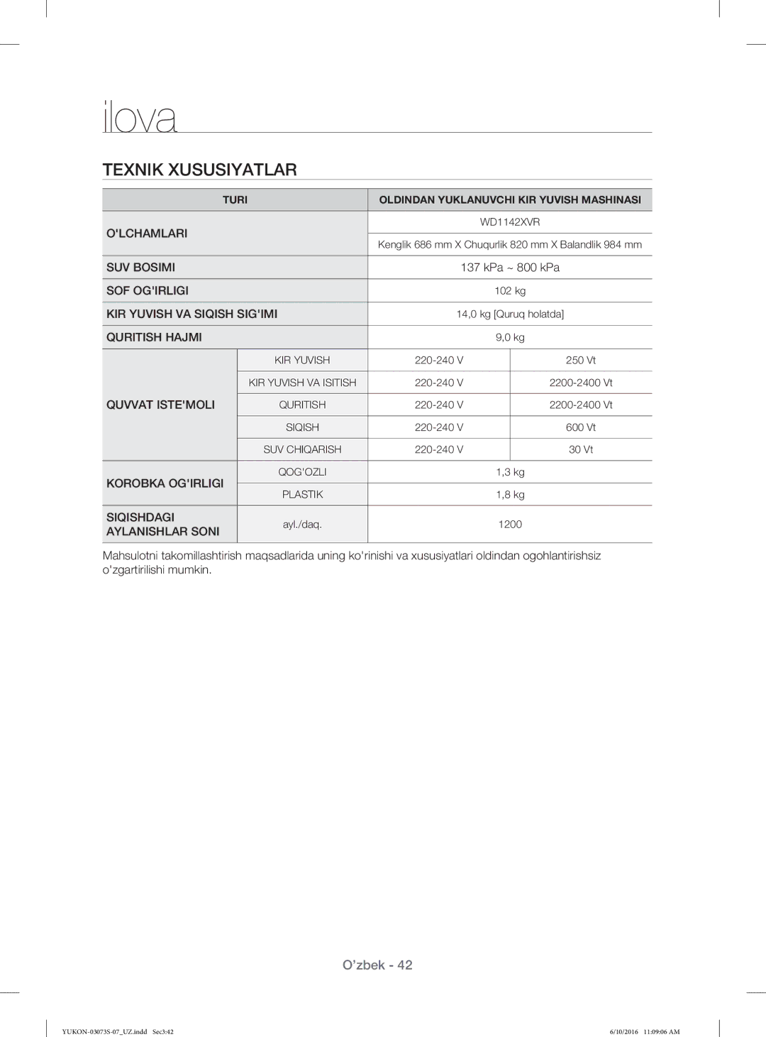 Samsung WD1142XVR/YLP manual Texnik Xususiyatlar, Aylanishlar Soni 