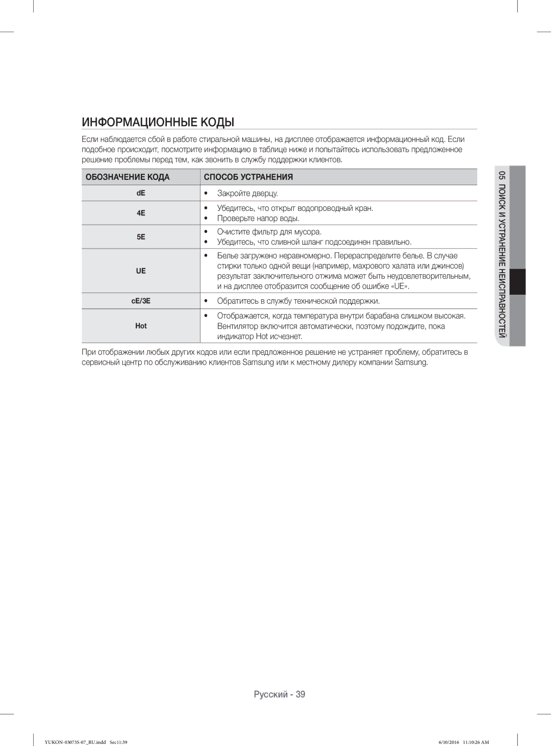 Samsung WD1142XVR/YLP manual Информационные Коды, Обозначение Кода Способ Устранения 