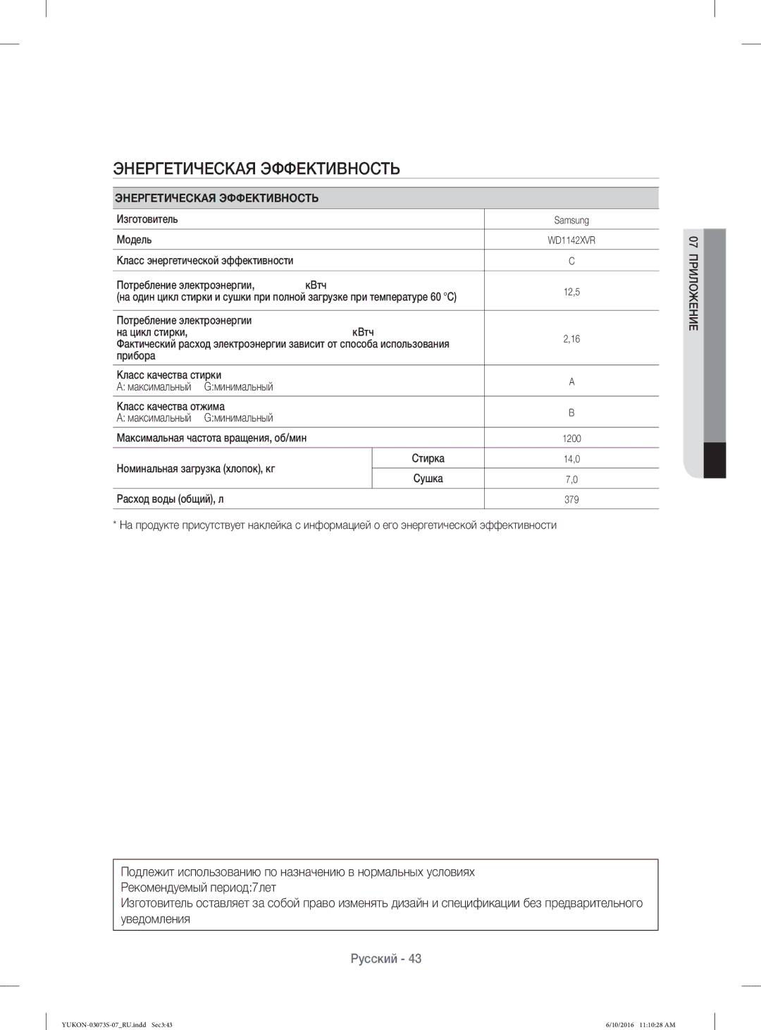 Samsung WD1142XVR/YLP manual Энергетическая Эффективность 