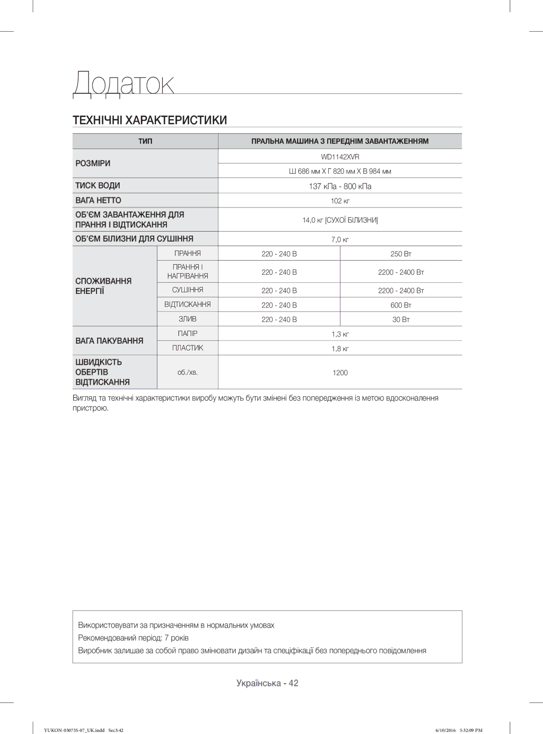 Samsung WD1142XVR/YLP manual Технічні Характеристики, Відтискання 