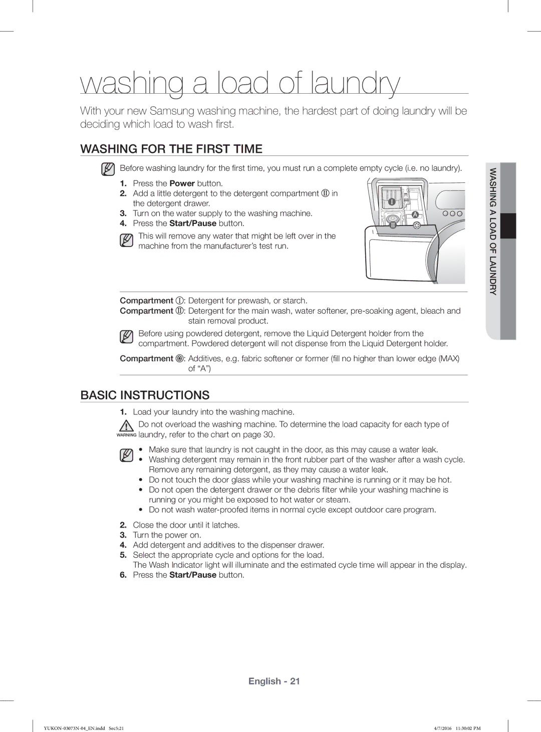 Samsung WD1172XVM/XSG manual Washing for the First Time, Basic Instructions 