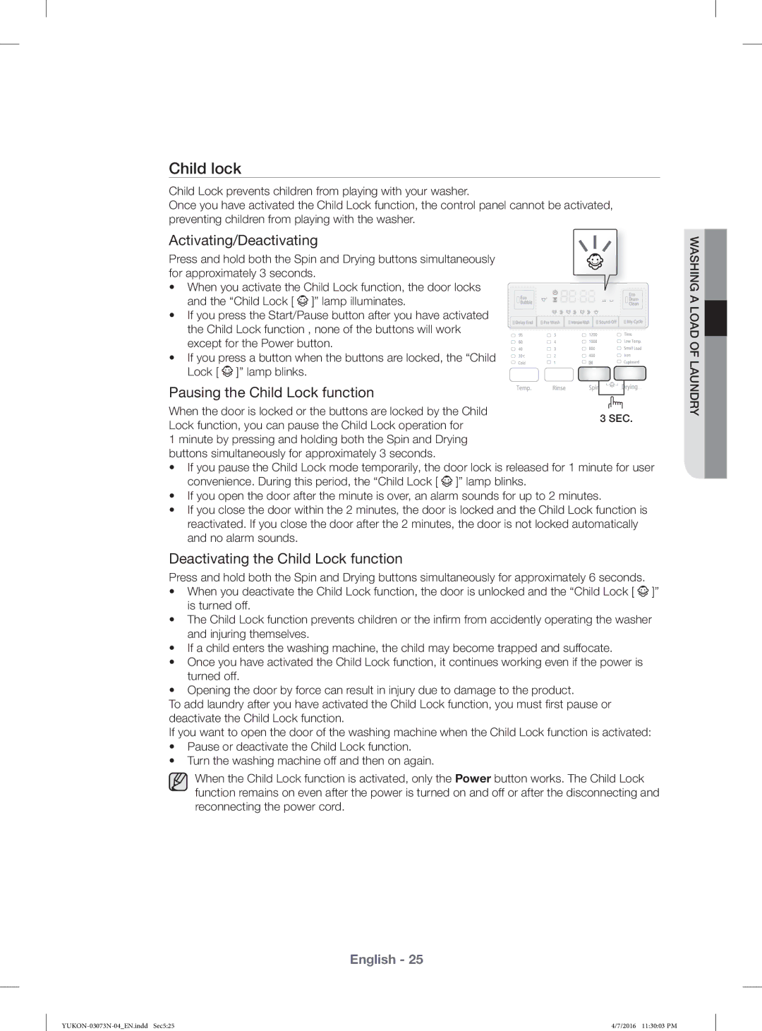 Samsung WD1172XVM/XSG manual Child lock, Activating/Deactivating 