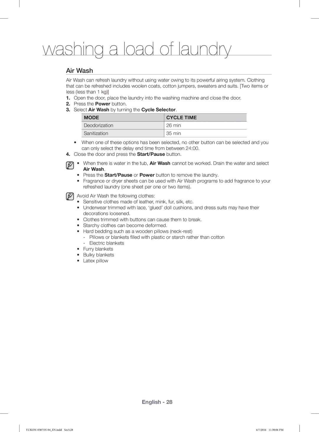 Samsung WD1172XVM/XSG manual Air Wash, Mode Cycle Time 