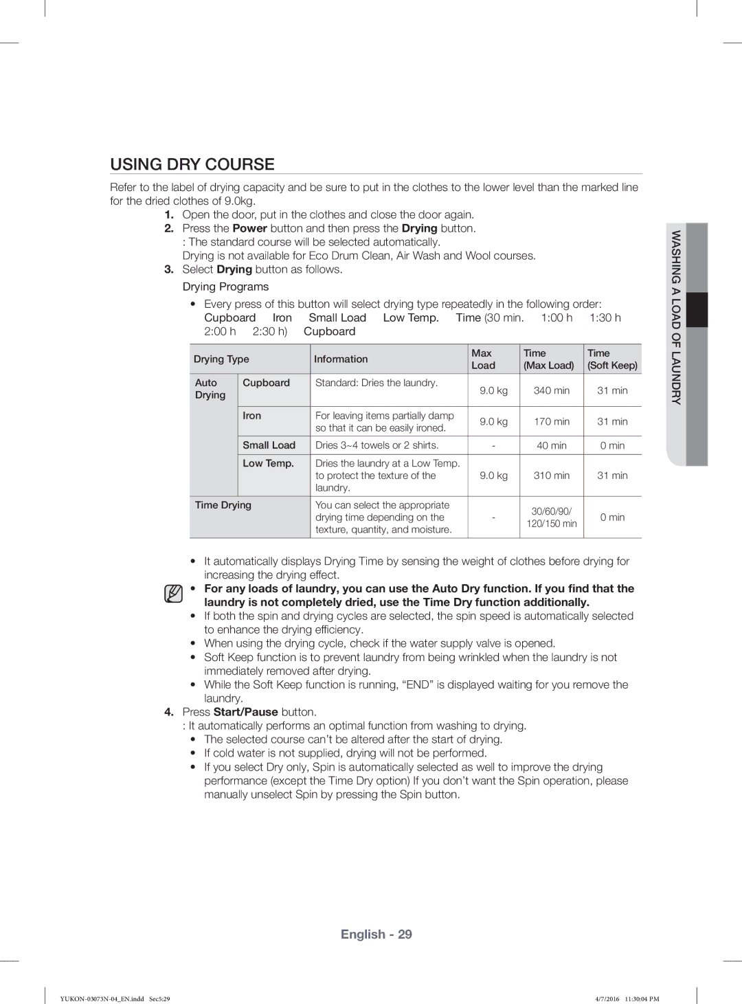 Samsung WD1172XVM/XSG manual Using DRY Course 