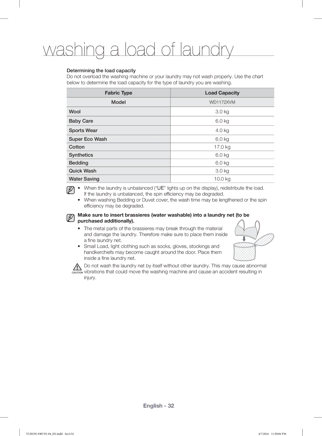 Samsung WD1172XVM/XSG manual Fabric Type Load Capacity 