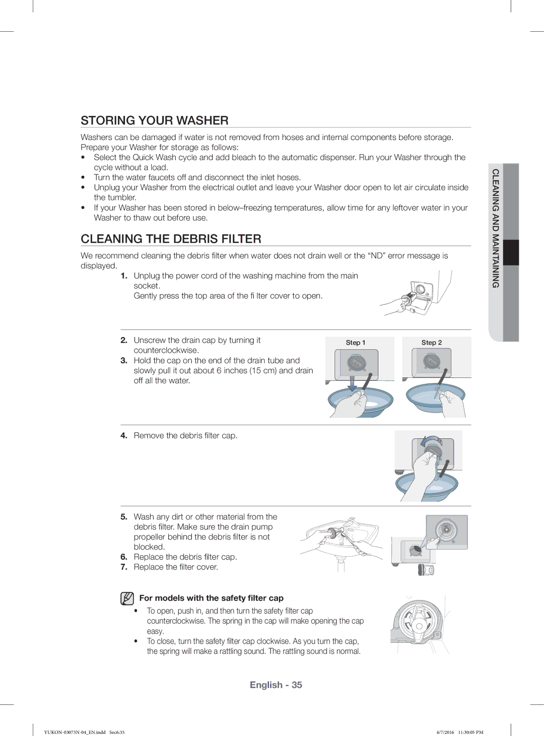 Samsung WD1172XVM/XSG manual Storing Your Washer, Cleaning the Debris Filter, For models with the safety ﬁlter cap 