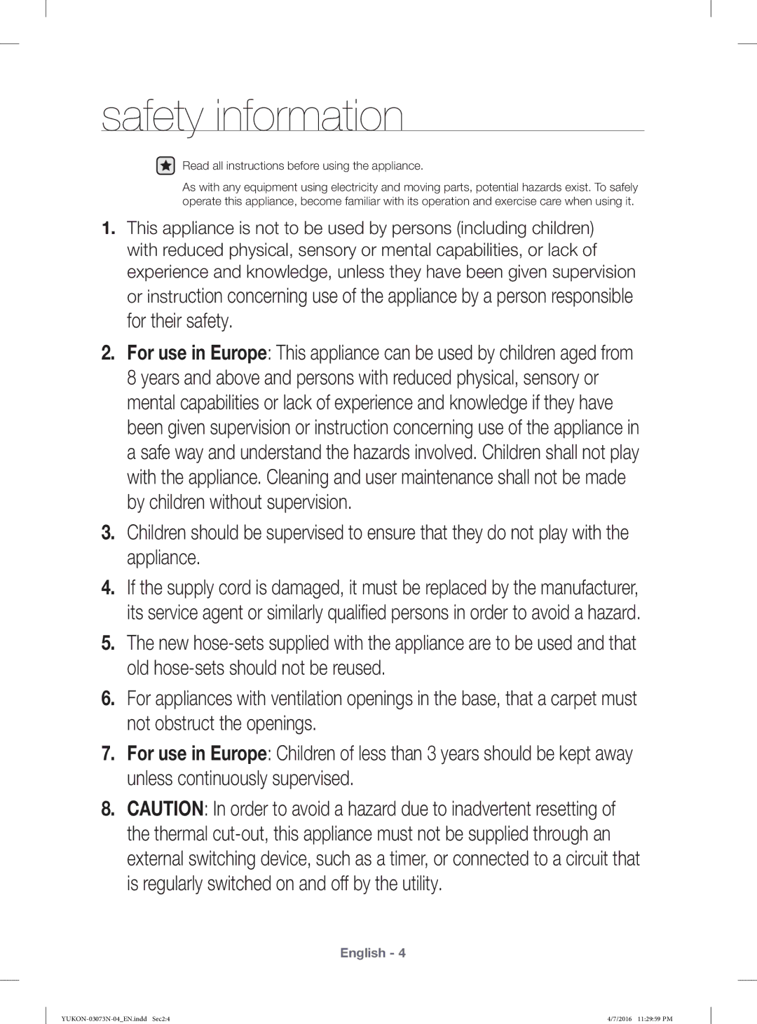 Samsung WD1172XVM/XSG manual For their safety, Read all instructions before using the appliance 