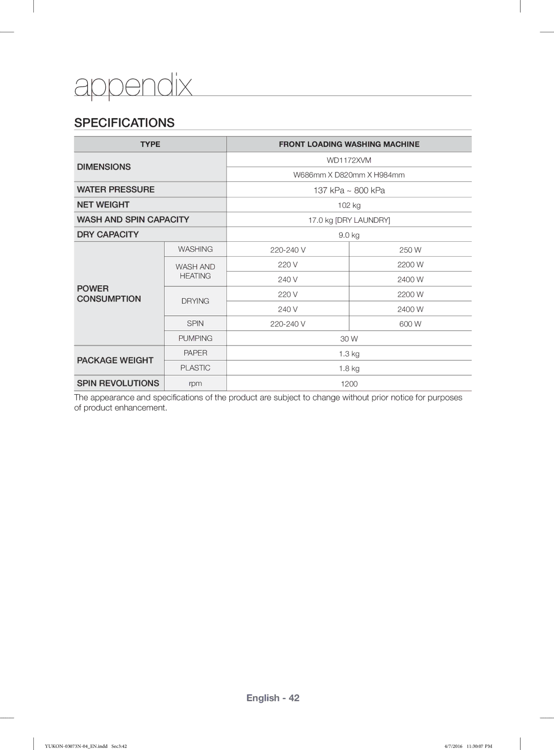 Samsung WD1172XVM/XSG manual Specifications, Spin Revolutions 