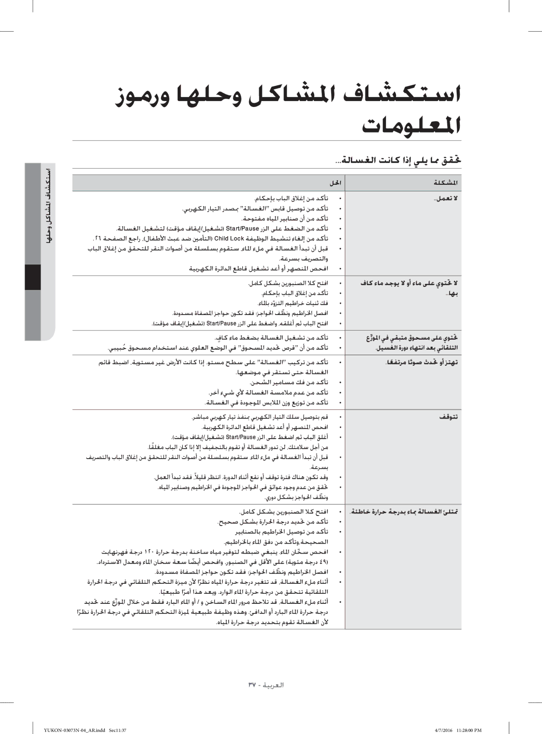 Samsung WD1172XVM/XSG manual ﺔﻟﺎﺴﻐﻟا ﺖﻧﺎﻛ اذإ ﻲﻠﻳ ﺎﳑ ﻖﻘﲢ 