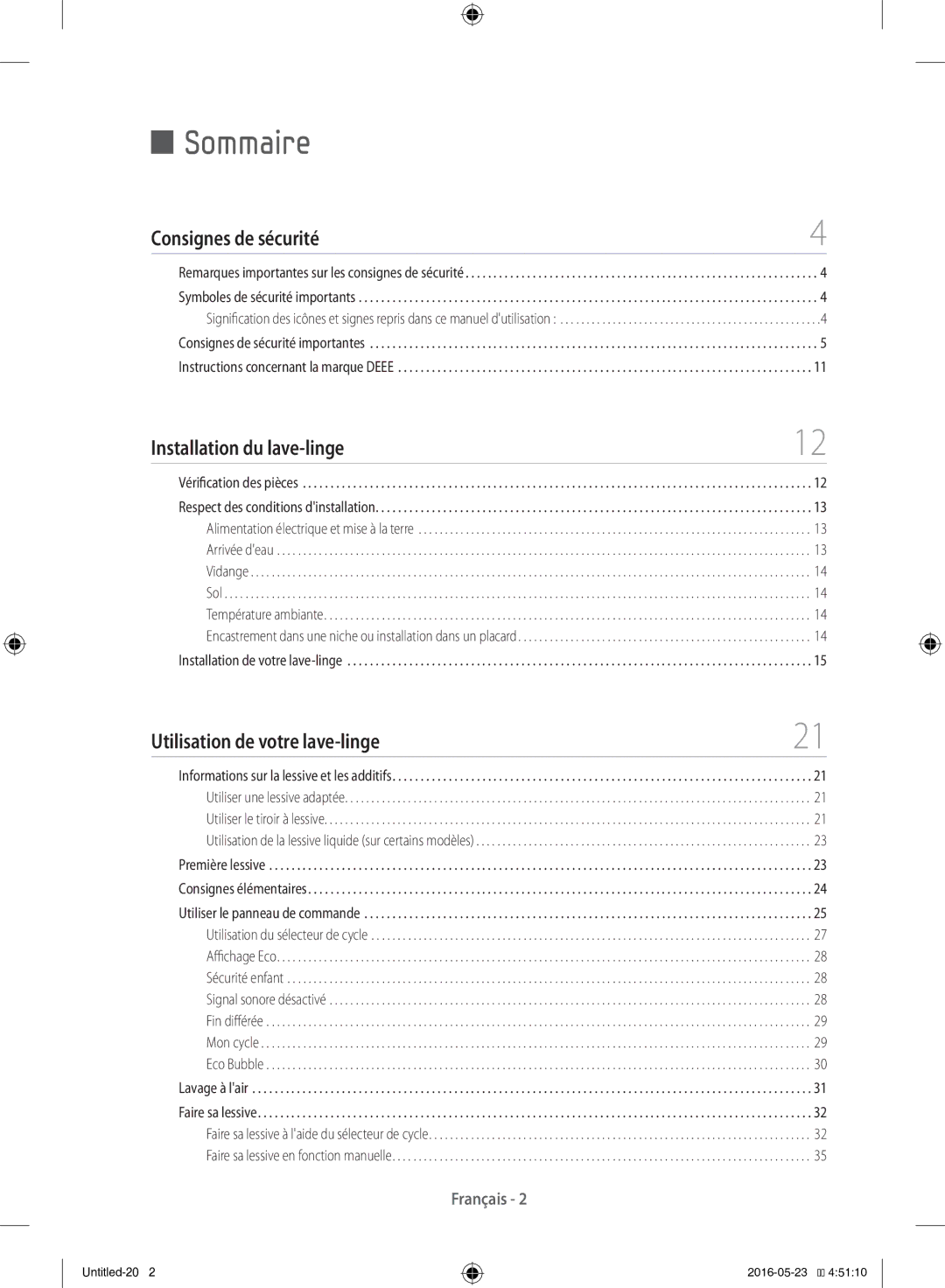 Samsung WD12F9C9U4W/EF manual Sommaire, Consignes de sécurité 