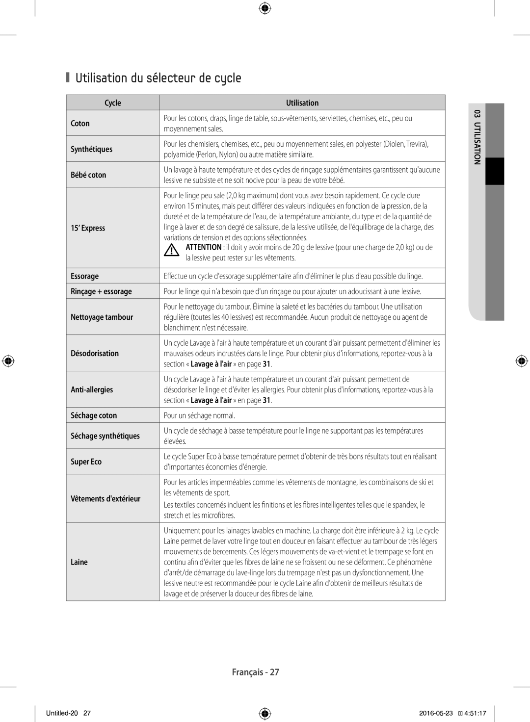 Samsung WD12F9C9U4W/EF manual Utilisation du sélecteur de cycle 