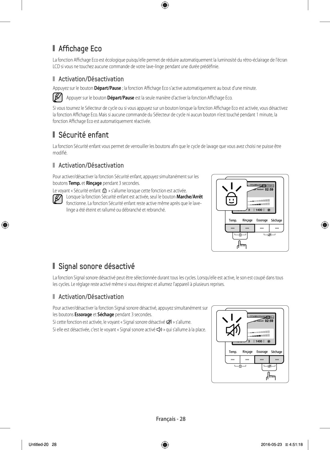 Samsung WD12F9C9U4W/EF manual Affichage Eco, Sécurité enfant, Signal sonore désactivé, Activation/Désactivation 