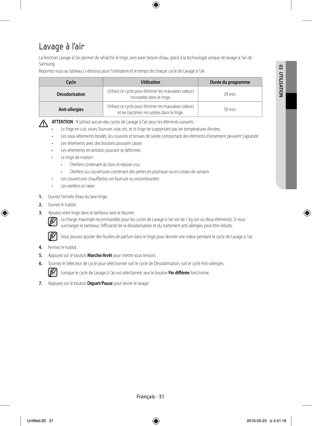 Samsung WD12F9C9U4W/EF manual Lavage à lair, Cycle Utilisation 