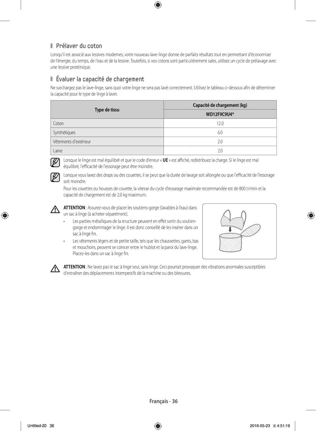 Samsung WD12F9C9U4W/EF manual Prélaver du coton, Évaluer la capacité de chargement, Type de tissu Capacité de chargement kg 