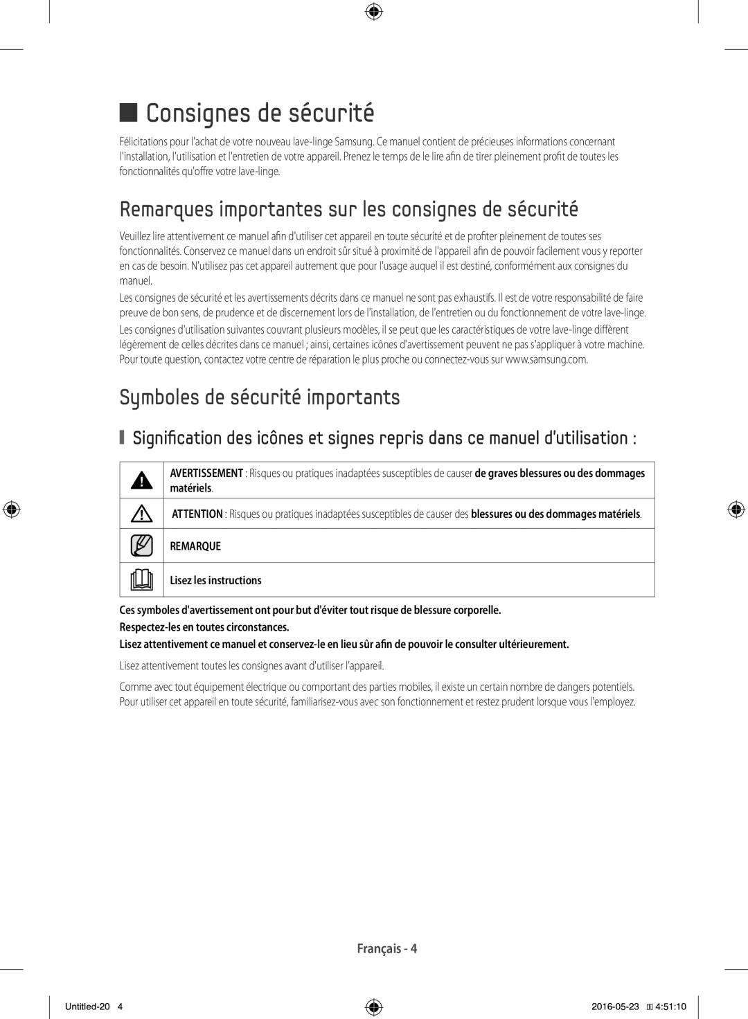 Samsung WD12F9C9U4W/EF Consignes de sécurité, Remarques importantes sur les consignes de sécurité, Lisez les instructions 